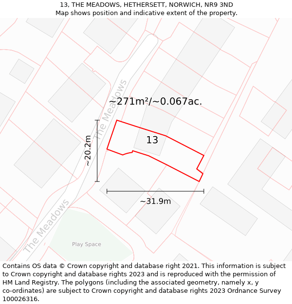 13, THE MEADOWS, HETHERSETT, NORWICH, NR9 3ND: Plot and title map