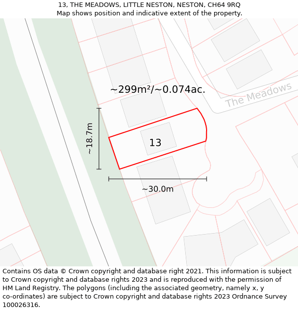 13, THE MEADOWS, LITTLE NESTON, NESTON, CH64 9RQ: Plot and title map