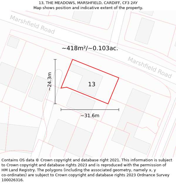 13, THE MEADOWS, MARSHFIELD, CARDIFF, CF3 2AY: Plot and title map