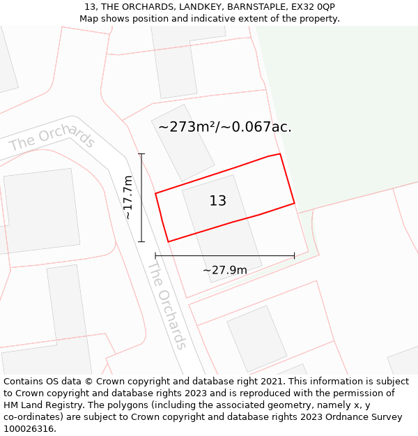 13, THE ORCHARDS, LANDKEY, BARNSTAPLE, EX32 0QP: Plot and title map