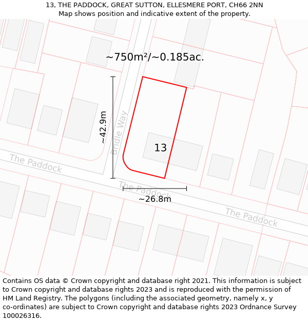 13, THE PADDOCK, GREAT SUTTON, ELLESMERE PORT, CH66 2NN: Plot and title map