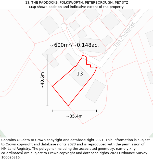 13, THE PADDOCKS, FOLKSWORTH, PETERBOROUGH, PE7 3TZ: Plot and title map