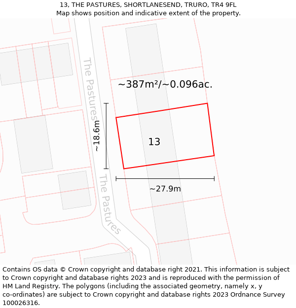 13, THE PASTURES, SHORTLANESEND, TRURO, TR4 9FL: Plot and title map