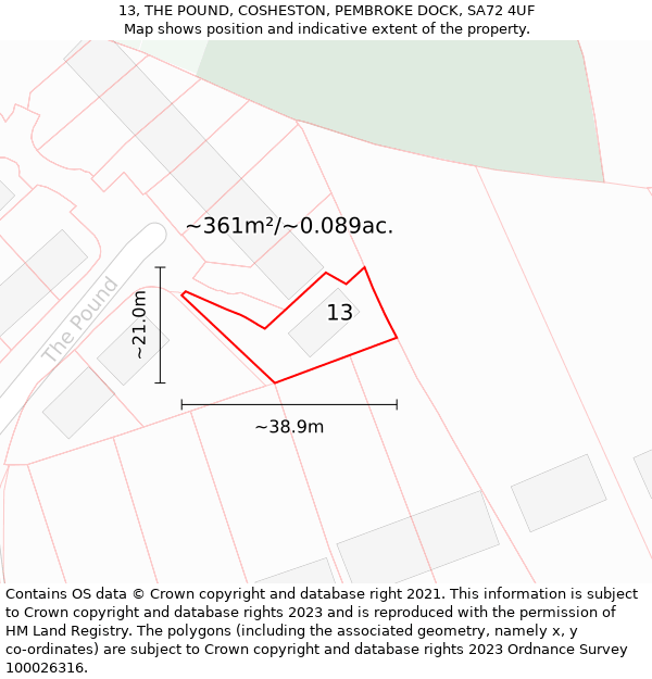 13, THE POUND, COSHESTON, PEMBROKE DOCK, SA72 4UF: Plot and title map