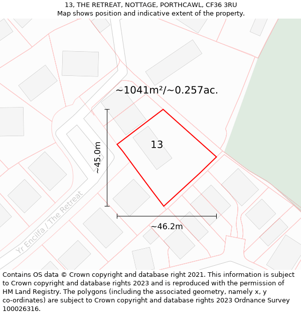 13, THE RETREAT, NOTTAGE, PORTHCAWL, CF36 3RU: Plot and title map