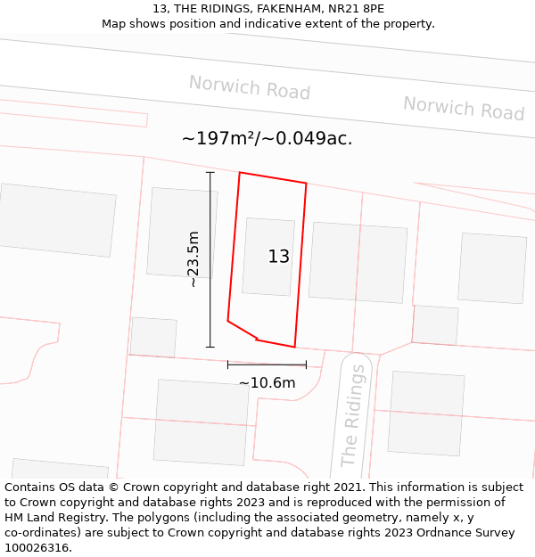 13, THE RIDINGS, FAKENHAM, NR21 8PE: Plot and title map