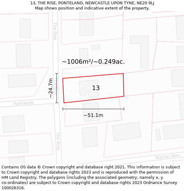 13, THE RISE, PONTELAND, NEWCASTLE UPON TYNE, NE20 9LJ: Plot and title map