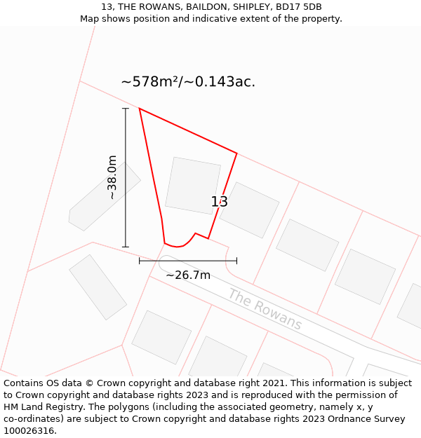 13, THE ROWANS, BAILDON, SHIPLEY, BD17 5DB: Plot and title map