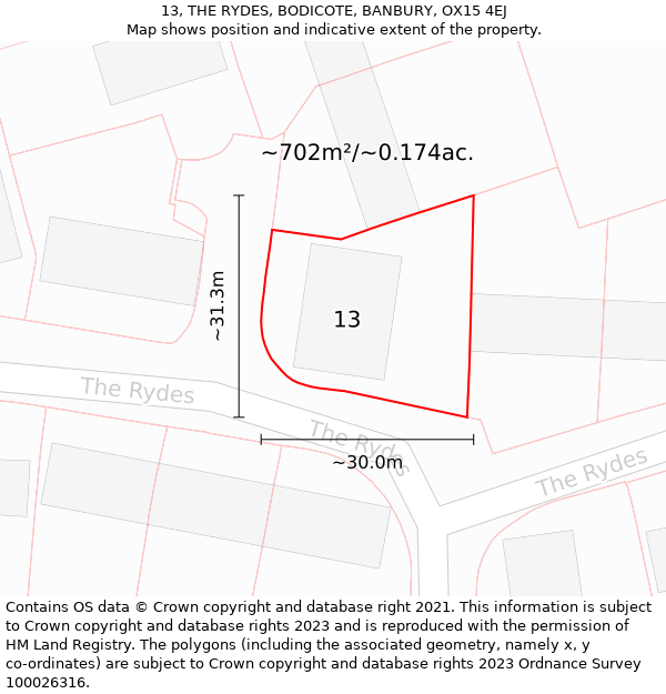 13, THE RYDES, BODICOTE, BANBURY, OX15 4EJ: Plot and title map