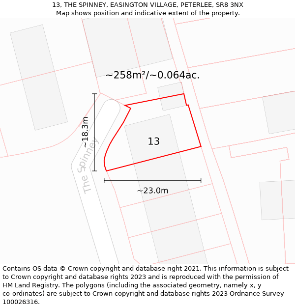 13, THE SPINNEY, EASINGTON VILLAGE, PETERLEE, SR8 3NX: Plot and title map