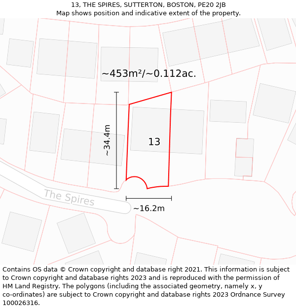 13, THE SPIRES, SUTTERTON, BOSTON, PE20 2JB: Plot and title map