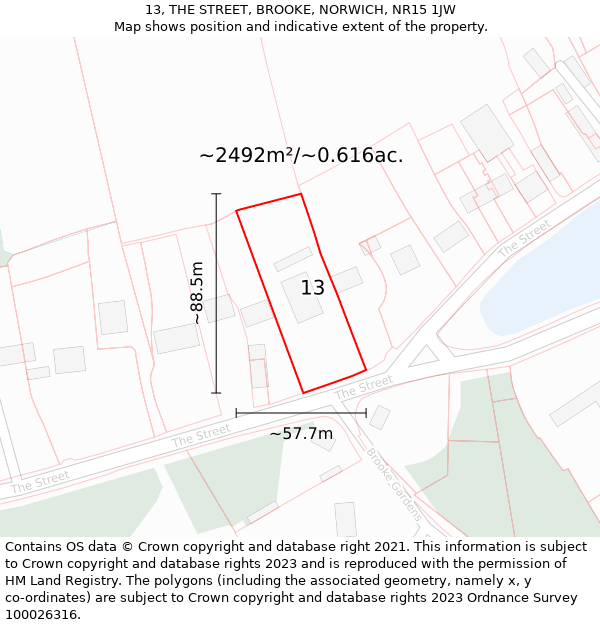 13, THE STREET, BROOKE, NORWICH, NR15 1JW: Plot and title map