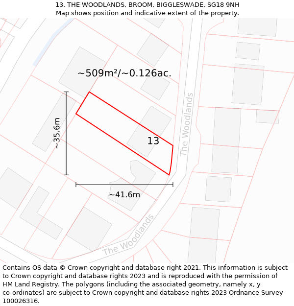 13, THE WOODLANDS, BROOM, BIGGLESWADE, SG18 9NH: Plot and title map