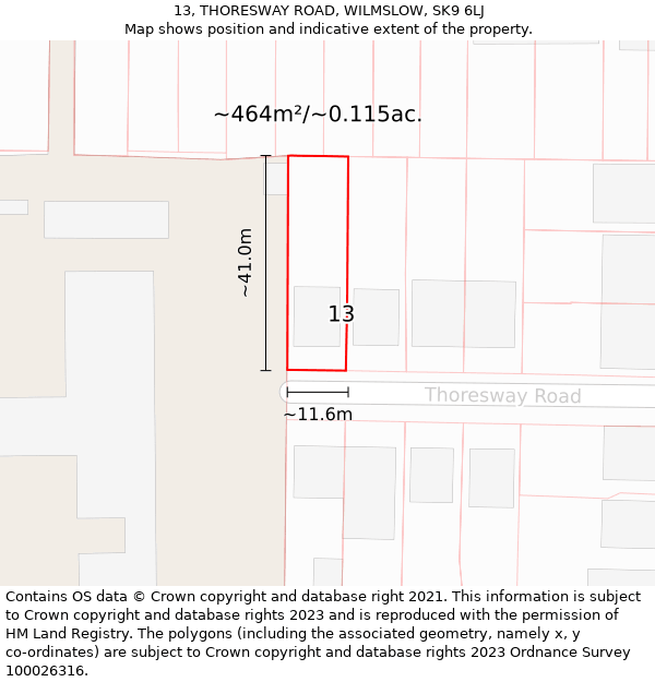 13, THORESWAY ROAD, WILMSLOW, SK9 6LJ: Plot and title map