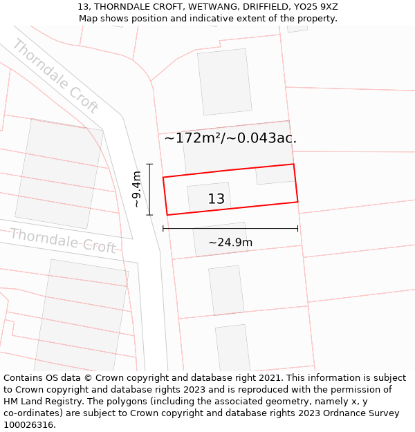 13, THORNDALE CROFT, WETWANG, DRIFFIELD, YO25 9XZ: Plot and title map