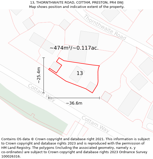 13, THORNTHWAITE ROAD, COTTAM, PRESTON, PR4 0WJ: Plot and title map