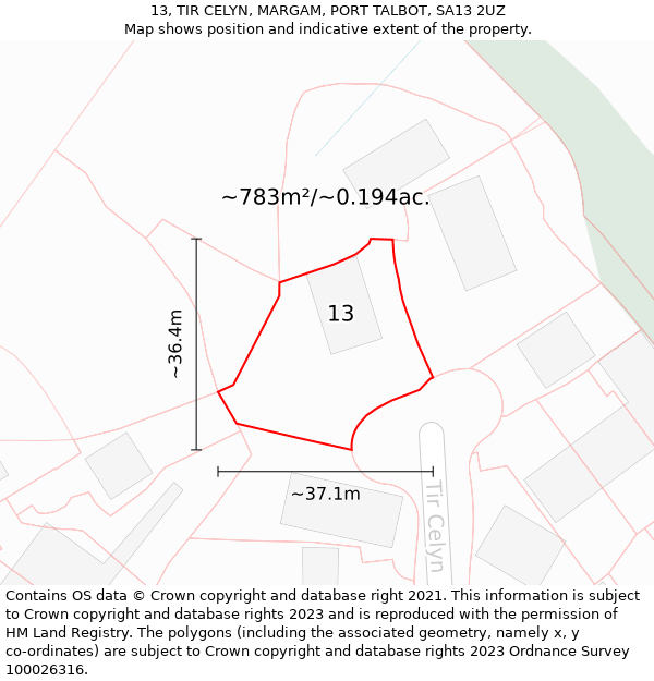 13, TIR CELYN, MARGAM, PORT TALBOT, SA13 2UZ: Plot and title map