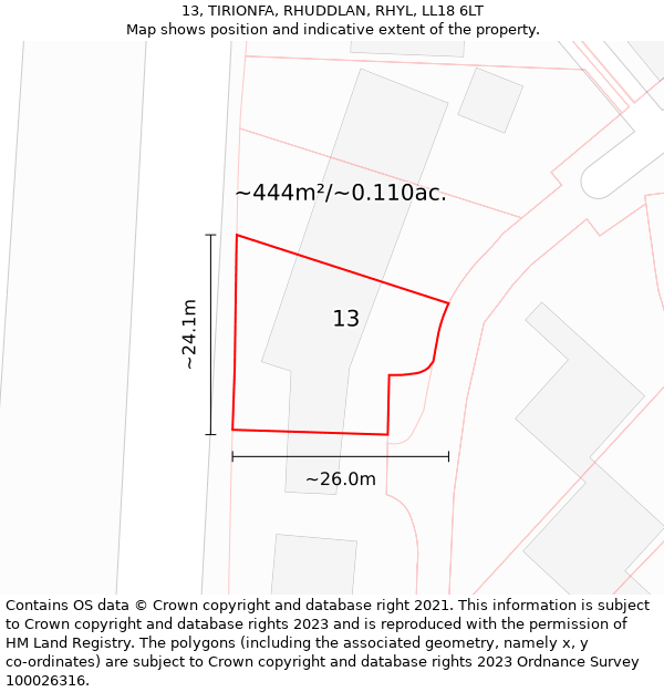 13, TIRIONFA, RHUDDLAN, RHYL, LL18 6LT: Plot and title map