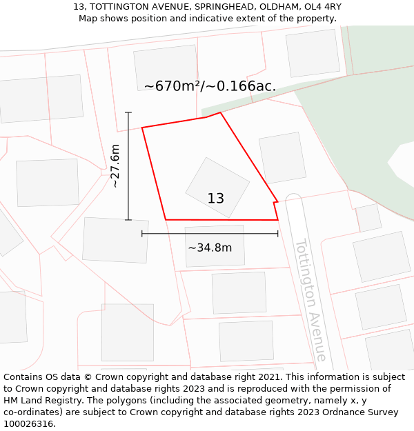 13, TOTTINGTON AVENUE, SPRINGHEAD, OLDHAM, OL4 4RY: Plot and title map