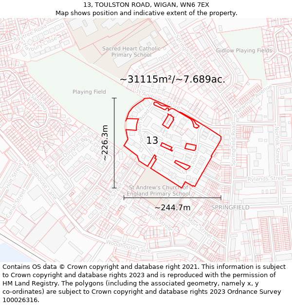 13, TOULSTON ROAD, WIGAN, WN6 7EX: Plot and title map