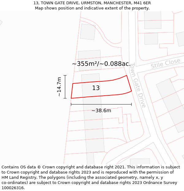 13, TOWN GATE DRIVE, URMSTON, MANCHESTER, M41 6ER: Plot and title map