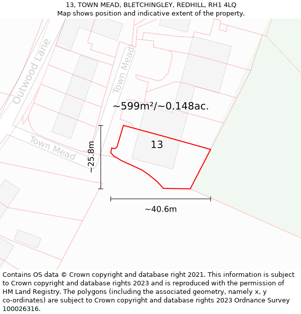 13, TOWN MEAD, BLETCHINGLEY, REDHILL, RH1 4LQ: Plot and title map