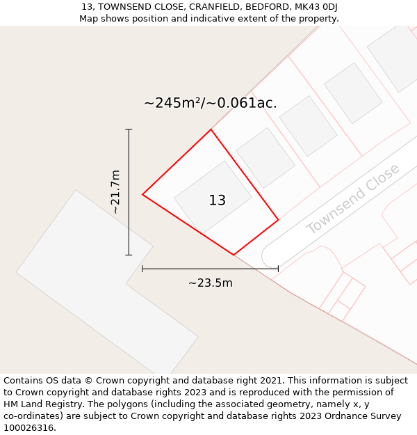 13, TOWNSEND CLOSE, CRANFIELD, BEDFORD, MK43 0DJ: Plot and title map