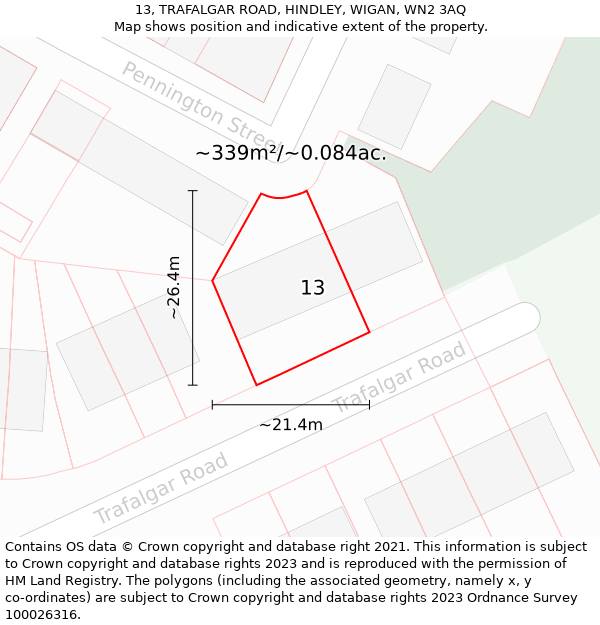 13, TRAFALGAR ROAD, HINDLEY, WIGAN, WN2 3AQ: Plot and title map