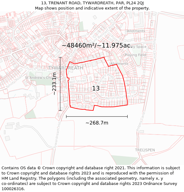 13, TRENANT ROAD, TYWARDREATH, PAR, PL24 2QJ: Plot and title map