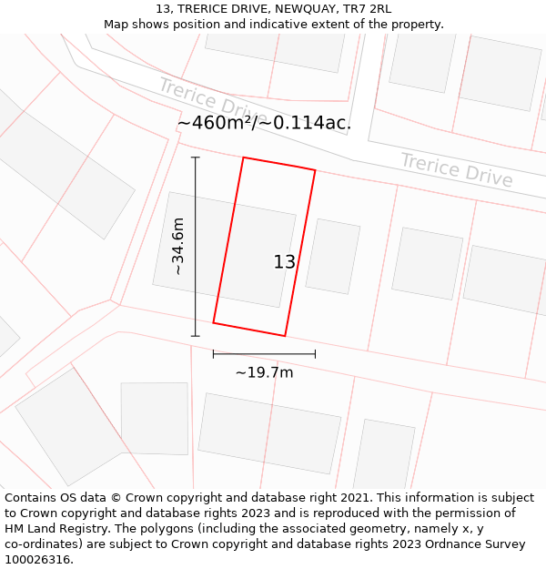 13, TRERICE DRIVE, NEWQUAY, TR7 2RL: Plot and title map