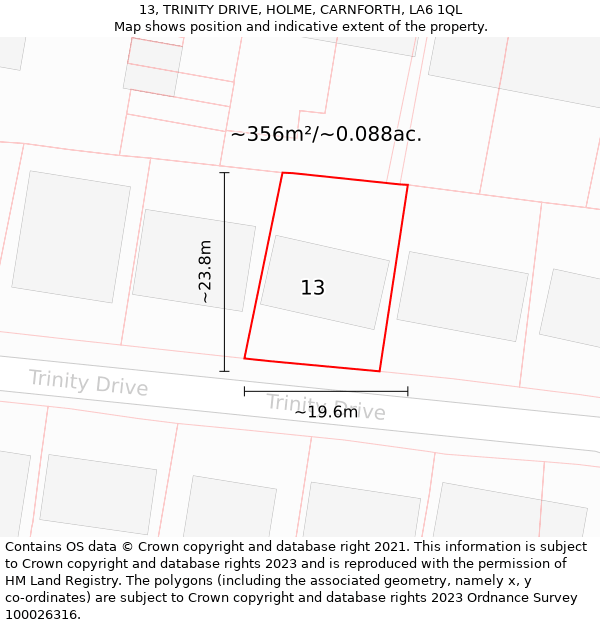 13, TRINITY DRIVE, HOLME, CARNFORTH, LA6 1QL: Plot and title map