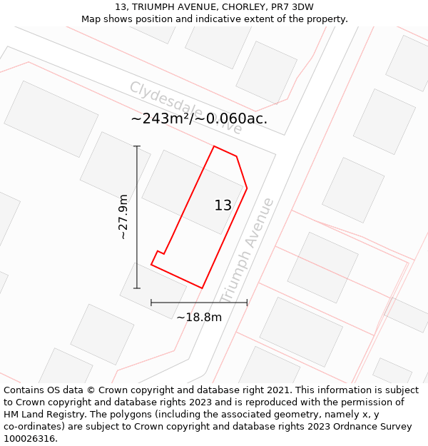 13, TRIUMPH AVENUE, CHORLEY, PR7 3DW: Plot and title map