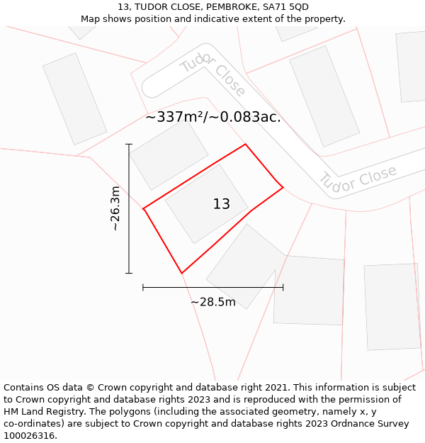 13, TUDOR CLOSE, PEMBROKE, SA71 5QD: Plot and title map