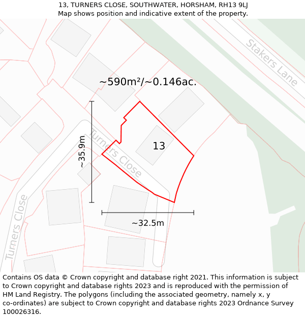 13, TURNERS CLOSE, SOUTHWATER, HORSHAM, RH13 9LJ: Plot and title map