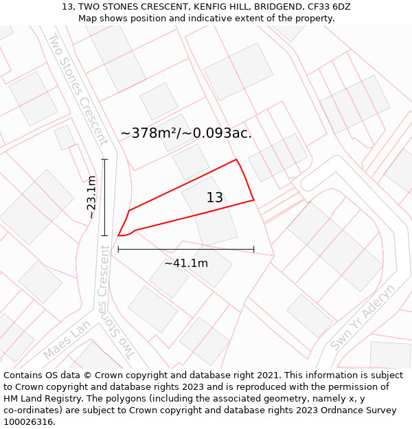 13, TWO STONES CRESCENT, KENFIG HILL, BRIDGEND, CF33 6DZ: Plot and title map