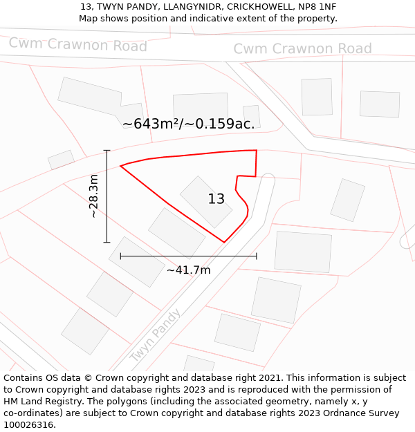 13, TWYN PANDY, LLANGYNIDR, CRICKHOWELL, NP8 1NF: Plot and title map