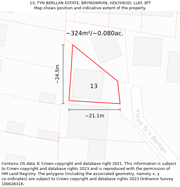 13, TYN BERLLAN ESTATE, BRYNGWRAN, HOLYHEAD, LL65 3PT: Plot and title map