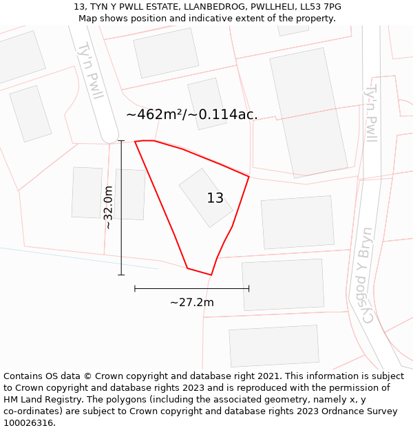 13, TYN Y PWLL ESTATE, LLANBEDROG, PWLLHELI, LL53 7PG: Plot and title map