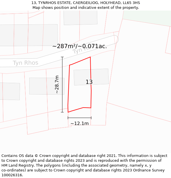 13, TYNRHOS ESTATE, CAERGEILIOG, HOLYHEAD, LL65 3HS: Plot and title map