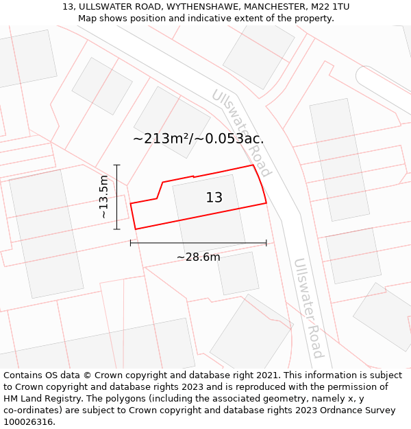 13, ULLSWATER ROAD, WYTHENSHAWE, MANCHESTER, M22 1TU: Plot and title map