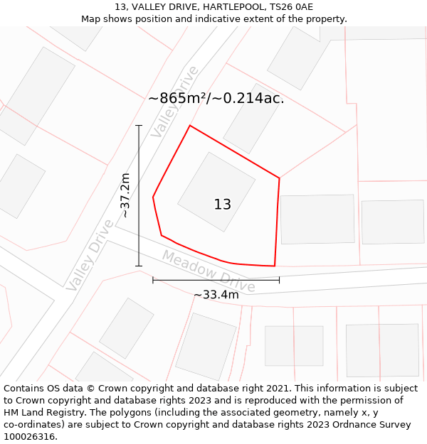 13, VALLEY DRIVE, HARTLEPOOL, TS26 0AE: Plot and title map