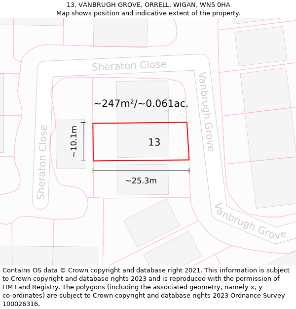 13, VANBRUGH GROVE, ORRELL, WIGAN, WN5 0HA: Plot and title map