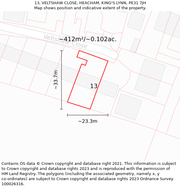 13, VELTSHAW CLOSE, HEACHAM, KING'S LYNN, PE31 7JH: Plot and title map