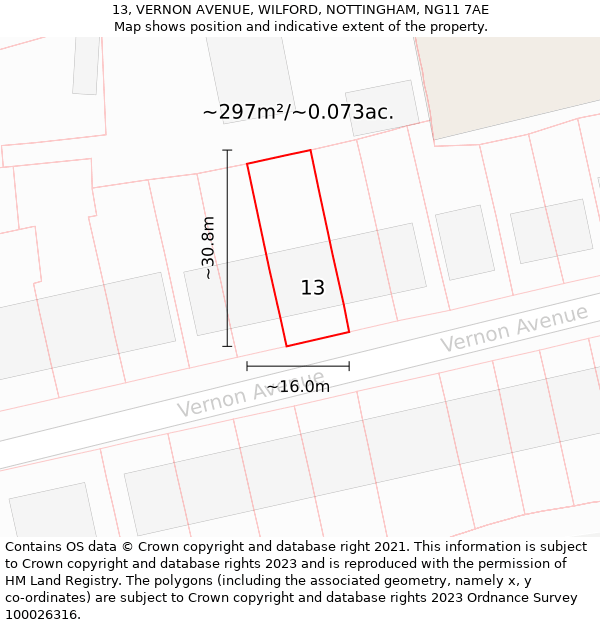 13, VERNON AVENUE, WILFORD, NOTTINGHAM, NG11 7AE: Plot and title map