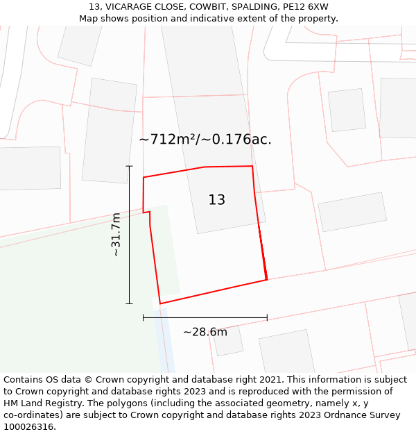 13, VICARAGE CLOSE, COWBIT, SPALDING, PE12 6XW: Plot and title map