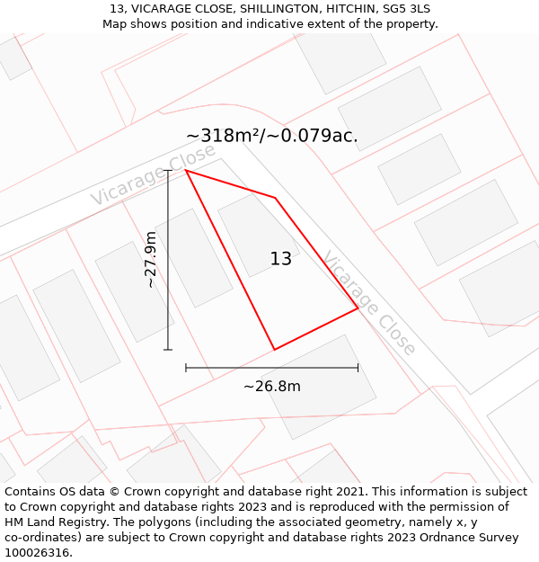 13, VICARAGE CLOSE, SHILLINGTON, HITCHIN, SG5 3LS: Plot and title map