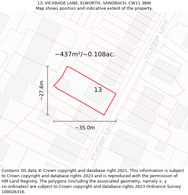 13, VICARAGE LANE, ELWORTH, SANDBACH, CW11 3BW: Plot and title map