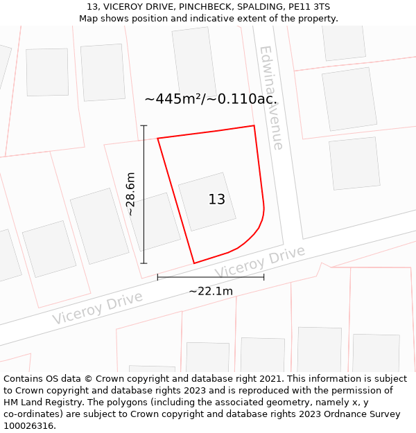 13, VICEROY DRIVE, PINCHBECK, SPALDING, PE11 3TS: Plot and title map