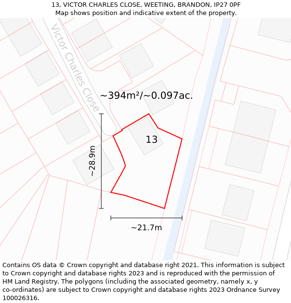 13, VICTOR CHARLES CLOSE, WEETING, BRANDON, IP27 0PF: Plot and title map