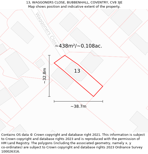 13, WAGGONERS CLOSE, BUBBENHALL, COVENTRY, CV8 3JE: Plot and title map